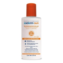 Exderm Sun Fotoprotector Solar Fluido FPS 50+ 125ml - Bloqueador Solar Antiedad con Aceite de Almendras y Rosa Mosqueta - Protector Solar Corporal y Facial Resistente al Agua para Adultos y Niños