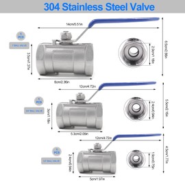 ADNEWX Ball Valve 1/2 Inch 3/4 Inch 1 Inch Stainless Steel Ball Valve DN15 DN20 DN25 Full Flow Lever Handle with 2 Waterproof Tape Pack of 3