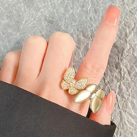 14K Gold Plated Butterfly Zircon Open Rings for Women Teen Girls,Sparkly Vintage Wrap Rhinestone Statement Adjustable Finger Ring Jewelry Accessories (Gold)