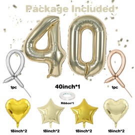 Champagne Gold Number 40 Balloons, 40 Light Gold Balloons, Number 40 Balloons Set, Gold Foil Star Heart Balloons With Long Balloons For 40th Birthday Party Anniversary 1st 4th Baby Shower Decorations