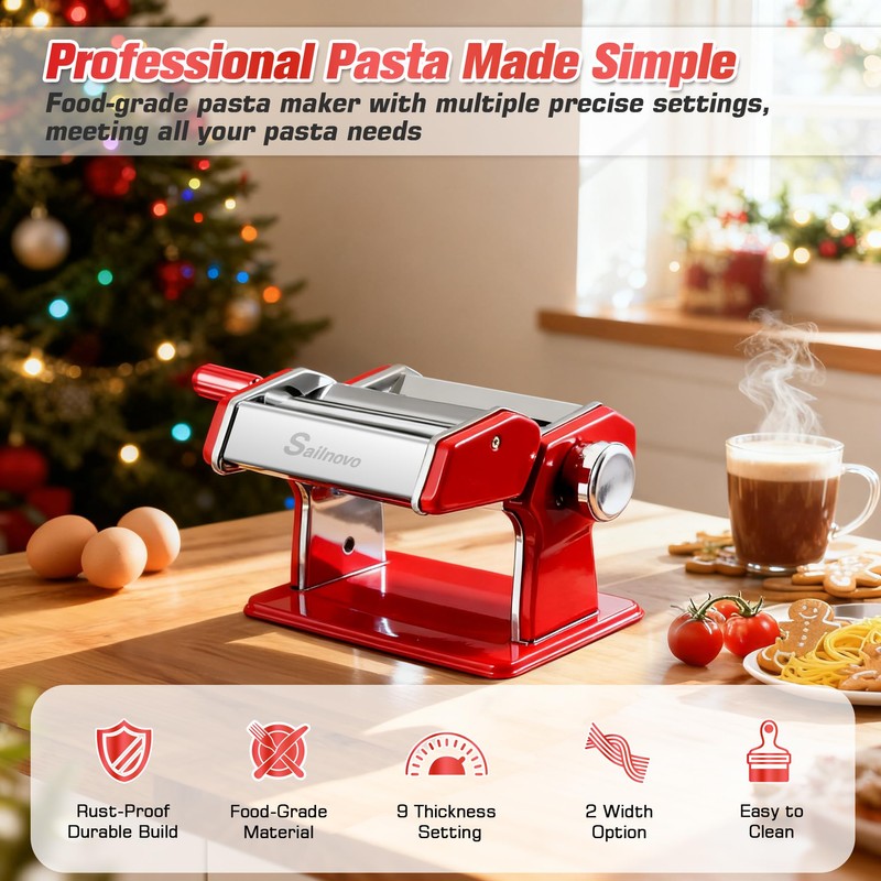 Sailnovo Pasta Maker Machine, 180 Roller Pasta Maker, 9 Adjustable