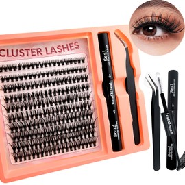 200 Pieces DIY Eyelash Extensions Set, 0.07D, 8-16 Mix, 40D Eyelashes, Individual False Eyelash Clusters with Eyelash Glue and Tweezers for Beginners, Reusable Eyelash Clusters (200P-40D)