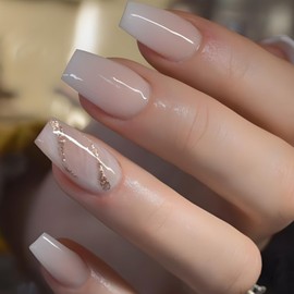 French False Nails,Light Pink Gradient False Nails, 24PCS Square French Press on Nails with Jelly Glue,Acrylic Full Cover Nails Women Girls Nail Art Accessories (Milky White,Gradient, One Size)