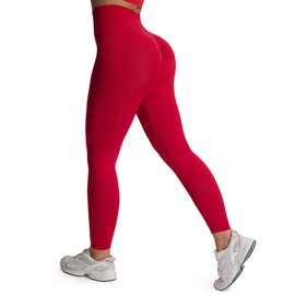 Aoxjox Workout Kinetic Seamles Leggings for Women High Waisted Hidden Scrunch Tummy Control Gym Yoga Pants 23" (Lipstick Red, Large)