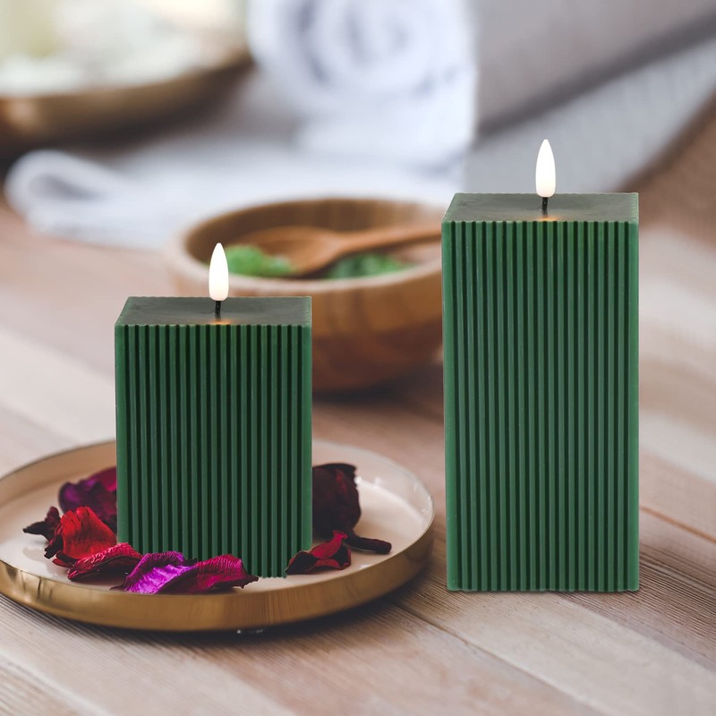 Girimax Dark Green Ribbed Flameless Candles with Remote, Battery Operated