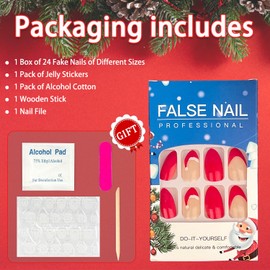 24Pcs Christmas Press on Nails Almond Short Fake Nails French Tip Red False Nails with Christmas Hat Designs Winter Stick on Nails Full Cover Glossy Nails Press on Xmas for Women