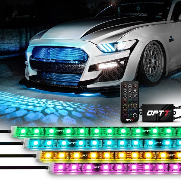 OPT7 Aura 4pc LED Lighting Kit for Grille, 12” IP67 Waterproof Strips, w/Multi-Color, Dimmer, Fade, Cycle, Strobe, Peel'n'Stick Front Grill Valence