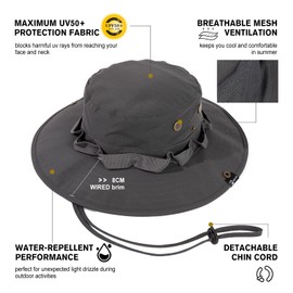 TOP-EX UPF 50 Wide Brim Sun Hat Men Waterproof, Lightweight & Breathable Boonie Hat, Safari Hat, Summer Outdoor Bush Hat for Fishing, Hiking Foldable & Windproof & Adjustable 57-60CM M/LGrey