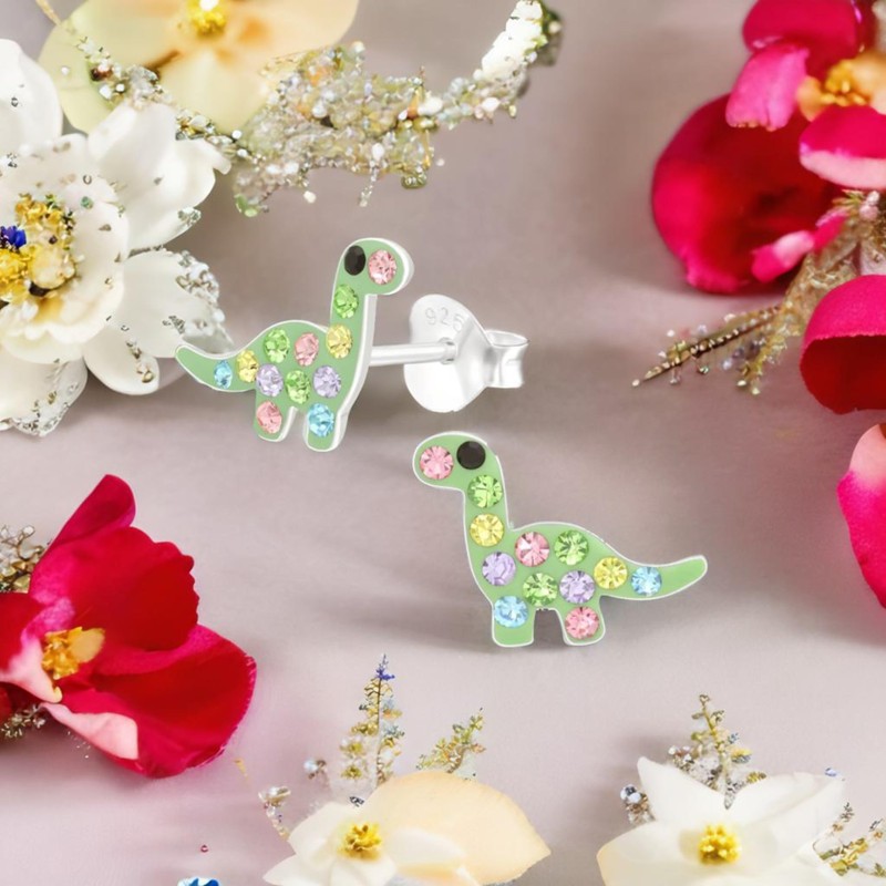 FIVE-D Children's Earrings Crystal Dinosaur Dino 925 Sterling Silver, Sterling
