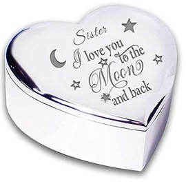 Chris Bag Of Goodies Sister I Love You To The Moon and Back Heart Shaped Engraved Trinket Box Gifts Presents Ideas for Her Birthday