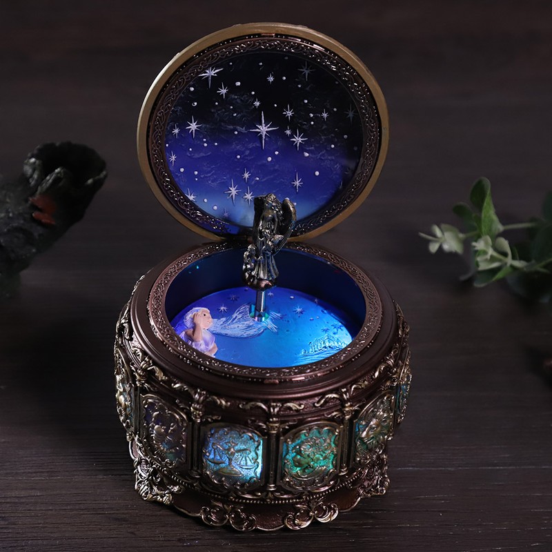 Vintage Music Box with 12 Constellations Rotating Goddess Twinkling LED
