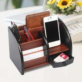 Frederimo Desk Organiser with Drawer and Pen Holder, Office Wooden Desk Organiser, Space Saving Desk Organiser for Pens, Staplers, Folder Clips, Sticky Notes