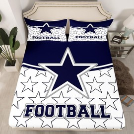 American Football Kids Sheet Full Size,Rugby Football Sports Games Bedding Set,Boys Man Room Decor,American Texas Cowboy Player Blue White Fashion Bed Sheet Set 4pcs(Fitted + Flat + 2 Pillowcases)
