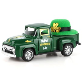 Atiloy Four Leaf Grasses Metal Truck with Green Hat St Patrick’s Day Decorations Farmhouse Vintage Green Metal Truck Decor, Irish Party Decorations Vintage Collectible Car for Desk Cabinet Bookshelf