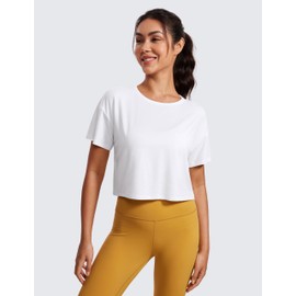 CRZ YOGA Open Back Short Sleeve Crop Top for Women Loose Athletic Yoga Workout Tops Casual Cropped Tee Shirts White Large