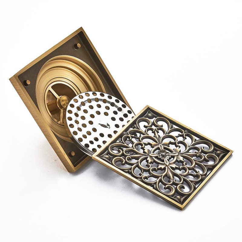 KUNGYO Vintage Bathroom Floor Drain Flower Carved with Brass -
