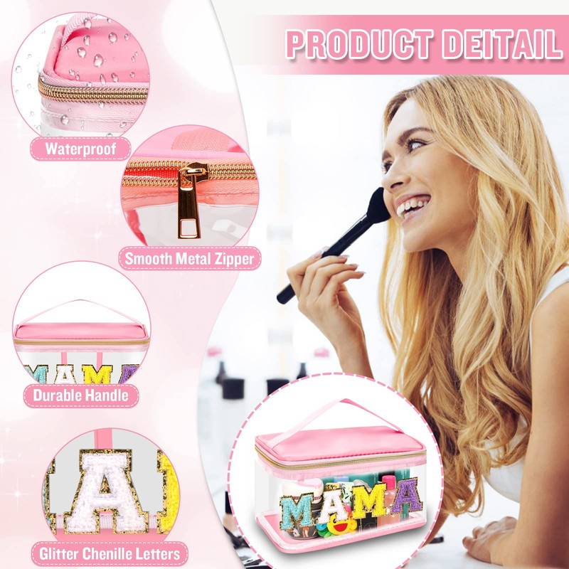 Bolsas de maquillaje transparentes con letras de chenilla, bolsa de