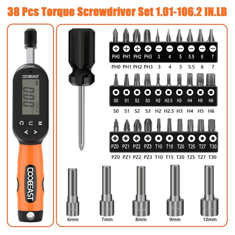 coobeast 38pcs Torque Screwdriver 1.01-106.2 in-lbs/0.11-12 Nm, 1/4 inch Drive