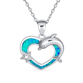 Gemstone Created Blue Opal Inlay Nautical Ocean Marine Hawaiian Holiday Sea Life Mother Child Mother & Baby Dolphin Dangle Pendant Necklace for Women Teen 925 Sterling Silver, Sterling Silver, Opal