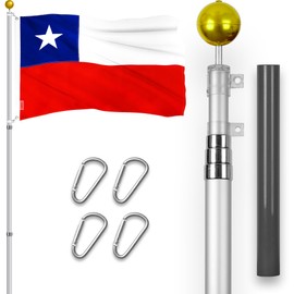 G128 Combo Pack: 16 Ft Telescoping Aluminum Flagpole (Silver) & Chile Chilean Flag 3x5 Ft, ToughWeave Series Embroidered 300D Polyester | Pole with Flag Included