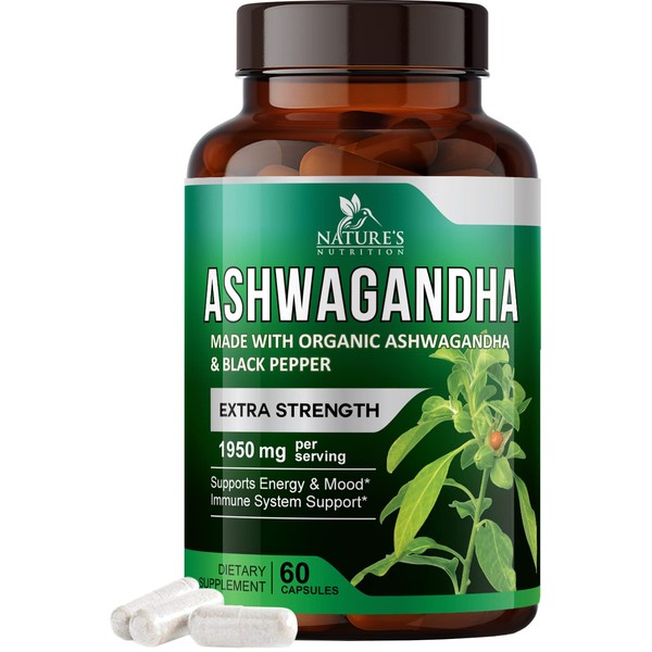 Organic Ashwagandha Capsules - Pure Organic Ashwagandha Powder & Root Extract Capsules - Extra Strength Stress Support Plus Thyroid Support Supplement - Vegan, Gluten Free, Non-GMO - 60 Capsules