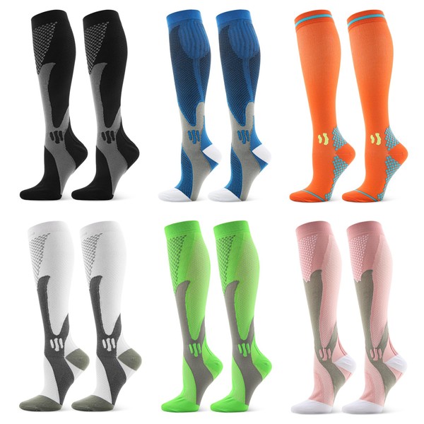 SIATELOO - Calcetines de compresión para mujeres y hombres, de 20 a 30 mmHg, 6 pares ideales para deportes y soporte de piernas, Liso 6 colores, XX-Large