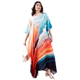 Women's Kaftan Dresses for Swimsuit Tunic | Soft Satin Kaftan | Plus Size | Maxi | Digital Print | Hidden Adjustable Belt