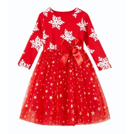 Niyage Girls Christmas Dress Toddler Baby Xmas Holiday Outfits Long Sleeve Stars Tulle Tutu Party Dresses Snowflake Red 140
