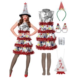 Berlune 7 Pcs Christmas Tree Costume for Women Dress Hat Headband Bag Glasses Frame Socks and Sequins Christmas Outfits(M,Stylish)