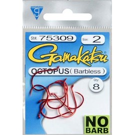 Gamakatsu 75309 Octopus Barbless Hook (8 Pack), Size 2, Red