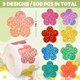 Whaline Spring Floral Stickers Roll Laser Cute Flower Shape Seal Stickers Colorful Waterproof Self-Adhesive Decals for Envelope Journal Decor Birthday Wedding, 500 Pcs