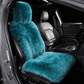 OGLAND Fluffy Sheepskin Fur Car Seat Cover-Genuine Plush Long Wool Car Seat Cushion for Auto Universal Size Adult Man Women, 1 Front Seat(Peacock Blue)