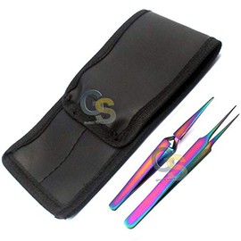 Set of 2 Stainless Steel Multi Titanium Rainbow Color 3d Eyelash Extension Tweezers X Type Self Retracting + Strong Curved Fine Point by G.S Online Store