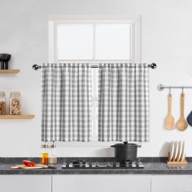 Bapawfish Cortinas de cocina gris a cuadros de búfalo de 45 pulgadas de largo, cortina corta para ventana de baño, diseño de cuadros de búfalo, cortinas de medio nivel de ventana, 28 x 45 pulgadas, plateado/gris, juego de 2