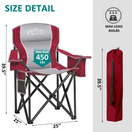 SAILARY Heavy Duty Folding Camping Chair with Cooler Bag, Cup Holder, Storage Pocket, 450lbs Capacity with Large Anti-Sink Feet, Portable Padded Chair for Camping, Beach, Fishing, Sports, Red 2Pack