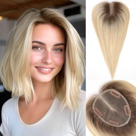 starluck Hair Toppers for Women Real Human Hair No Bangs, 100% Remy Human Hair Toppers for Women Hand-woven with Thinning Hair,Cover Gray Hair Roots,Adds Hair Volume,Ombre Light Blonde
