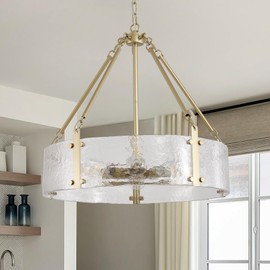 Viksroeo Gold Dining Room Chandelier 20” Modern Textured Glass Chandelier 6-Light Drum Crystal Light Fixture Vintage Farmhouse Round Hanging Lighting for Kitchen Island Over Table