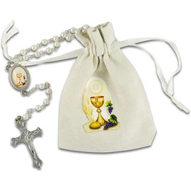 MaMeMi Communion Rosary with Clasp - White with Beads - in Fabric Bag with Goblet Motif - 34 cm Long - Religious Communion Gift for Girls and Boys Brand Quality