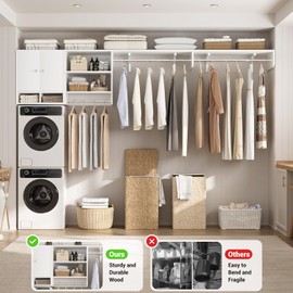 Unikito Wood Over Washer and Dryer Storage Shelves and Organizer, 118" Wall Mounted Laundry Room System with 3 Hanger Rods, Heavy Duty Laundry Room System, Space Saver Clothes Drying Rack, White