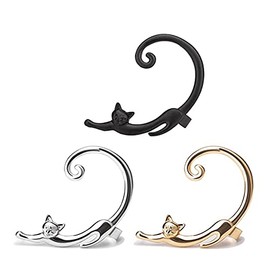 Gold Silver Plated Cat Post Earring with Ear Cuff Vintage Punk Long Cat Tail Around Ear Earrings Rock Cartoon Animals Pet Cat Stud Earring for Women Party Accessories Jewelry-D 3pcs
