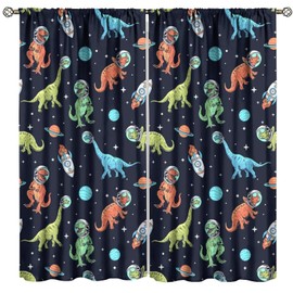 Kids Cartoon Dinosaur Curtains, Astronaut Rocket Fun Outer Space Window Curtain for Girls Boys Bedroom Baby Room Nursery Decor 42" W X 45" L
