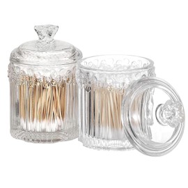 PENCK 2pcs Elegant Glass Qtip Holder Cute Apothecary Jars with Lid Stylish Hair Ties Candy Jar Bathroom Canister Essentials Accessories Decor Makeup Storage Organizer for Cotton Swabs, Balls (Clear)
