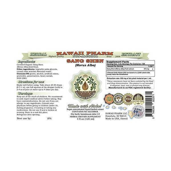 HawaiiPharm Sang Shen Alcohol-Free Liquid Extract, Sang Shen, Mulberry (Morus Alba) Fruit Glycerite Herbal Supplement 2 oz