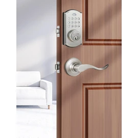ELAMOR M19 Keyless Entry Door Lock with 2 Lever Handles, Auto Lock, 50 User Codes, Easy-to-Install Smart Door Lock for Front Door, Waterproof Security Handle Set, Home/Hotel Use, Sand Nickel