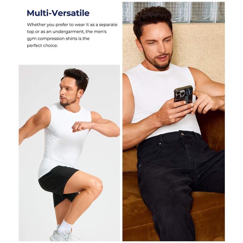 TAILONG White Compression Shirt Men - Athletic Base Layer Sleeveless