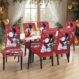 SearchI Christmas Chair Covers Set of 4, Stretch Xmas Kitchen Chair Cover Removable Washable Holiday Parsons Chair Slipcovers for Dining Room, Christmas Decoration, Ceremony(Christmas-Snowman)