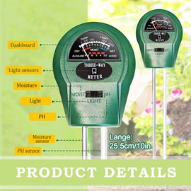 Bodentester, 3-in-1 Bodenmessgeräte für Bodenfeuchte, PH, Feuchtigkeit und Licht, Feuchtigkeitsmessgerät Pflanzen, PH Wert Messgerät für Garten, Rasen und Topfpflanzen, Keine Batterien Erforderlich