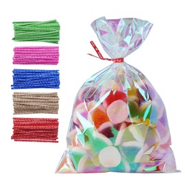YOZOTI 100 Pack Iridescent Holographic Cellophane Party Favor Treat Bags with 5 Colors Twist Ties Good for Themed Celebrations Baby Showers Weddings Girls Birthday Party Supplies