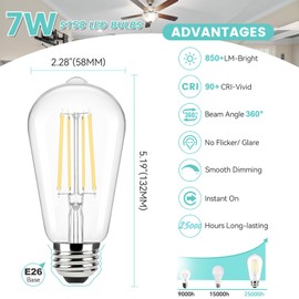 Brightever Edison Light Bulbs 60W Equivalent, Dimmable LED Bulb, 7W, 850LM Vintage E26 Base Bulb 4000K Neutral Light, 90+CRI, ST58 Clear Glass Antique LED Filament Bulbs for Bathroom, 6-Pack