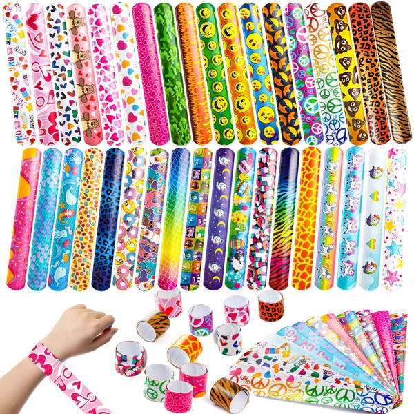 JOYIN 144 Pcs Slap Bracelets for Kids Bulk Wristbands with Animals, Friendship, Heart Print 36 Designs, for kids Easter Party Favors, Valentine Classroom Prizes Exchanging Gifts